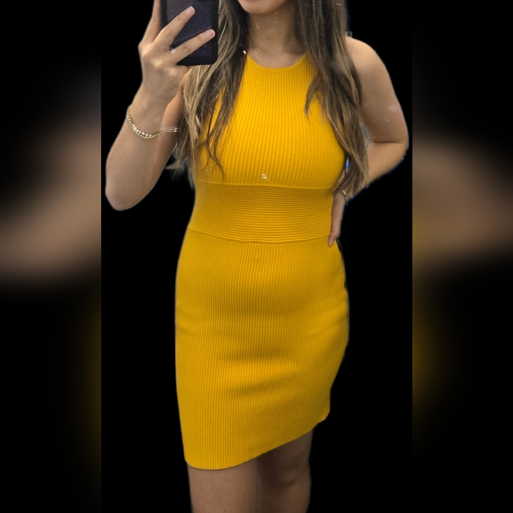 House‎ of Harlow 1960 Women's Yellow Ribbed Dress BodyCon Sleeveless Mini XS